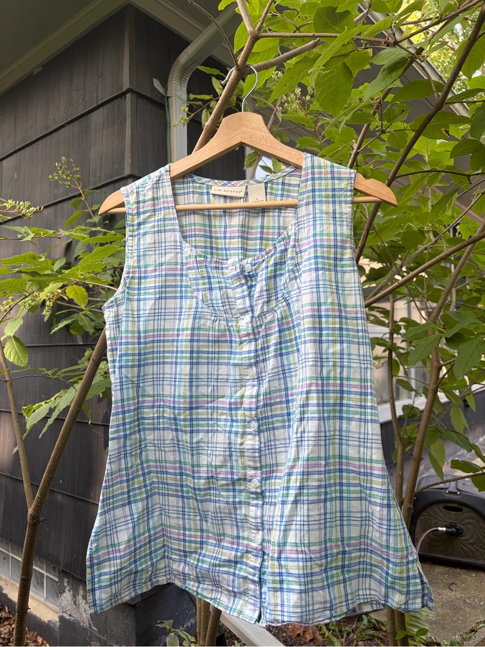 Kim Rogers Plaid Sleeveless Button-Front Blouse in Blue, Green & White